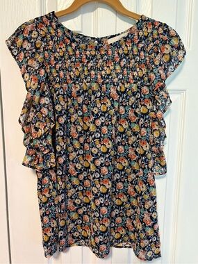 Loft Multi Colored Floral Ruffle Sleeve Blouse